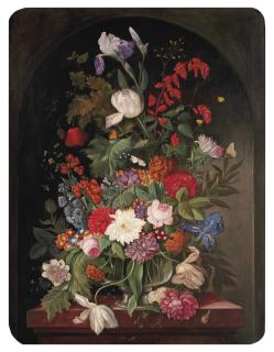 Franz Xavier Pieler - Pink Roses, Peonies, Lilies And Various Other Flowers In A Glass Vase On A Marble Edge In A Stone Ledge