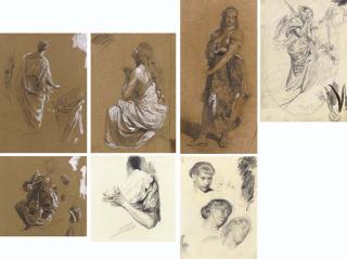 Franz Xavier Simm - Six Figural Studies including Studies of a Woman\'s Head, the Sleeve of a Dress, and a kneeling Warrior and Drapery Studies