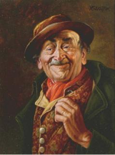 Franz Xavier Wölfle - An old man smiling with a red neckerchief; and two companion paintings