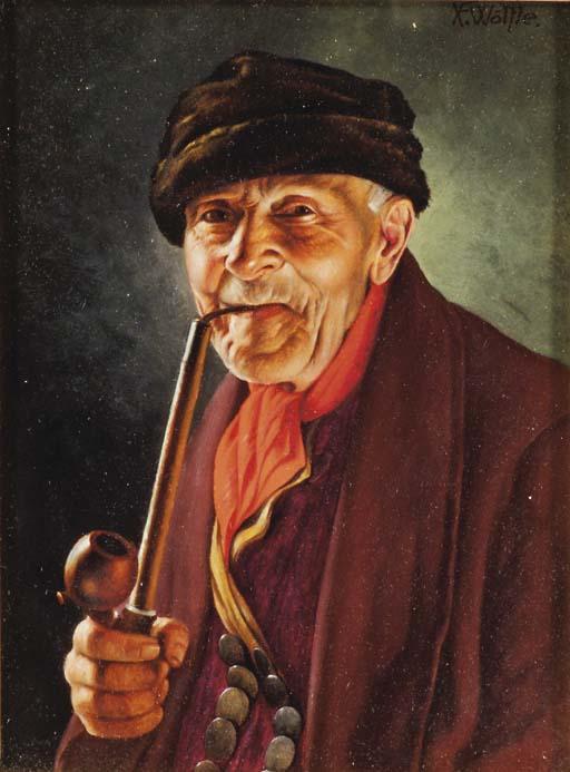 Franz Xavier Wölfle - An old man smoking a pipe wearing a red neckerchief
