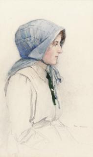 Fred Appleyard - Study of a young girl wearing a blue cotton bonnet