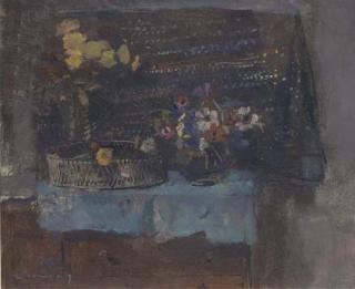 Fred Cuming, R.A. - Still life with flowers and blue cloth