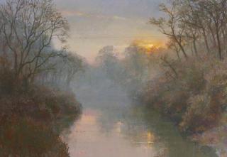 Fred Dalkey - Last Winter Light: Reflection on the River in the Mist 28 x 40 in. framed 31 1/2 x 43 1/2 in.