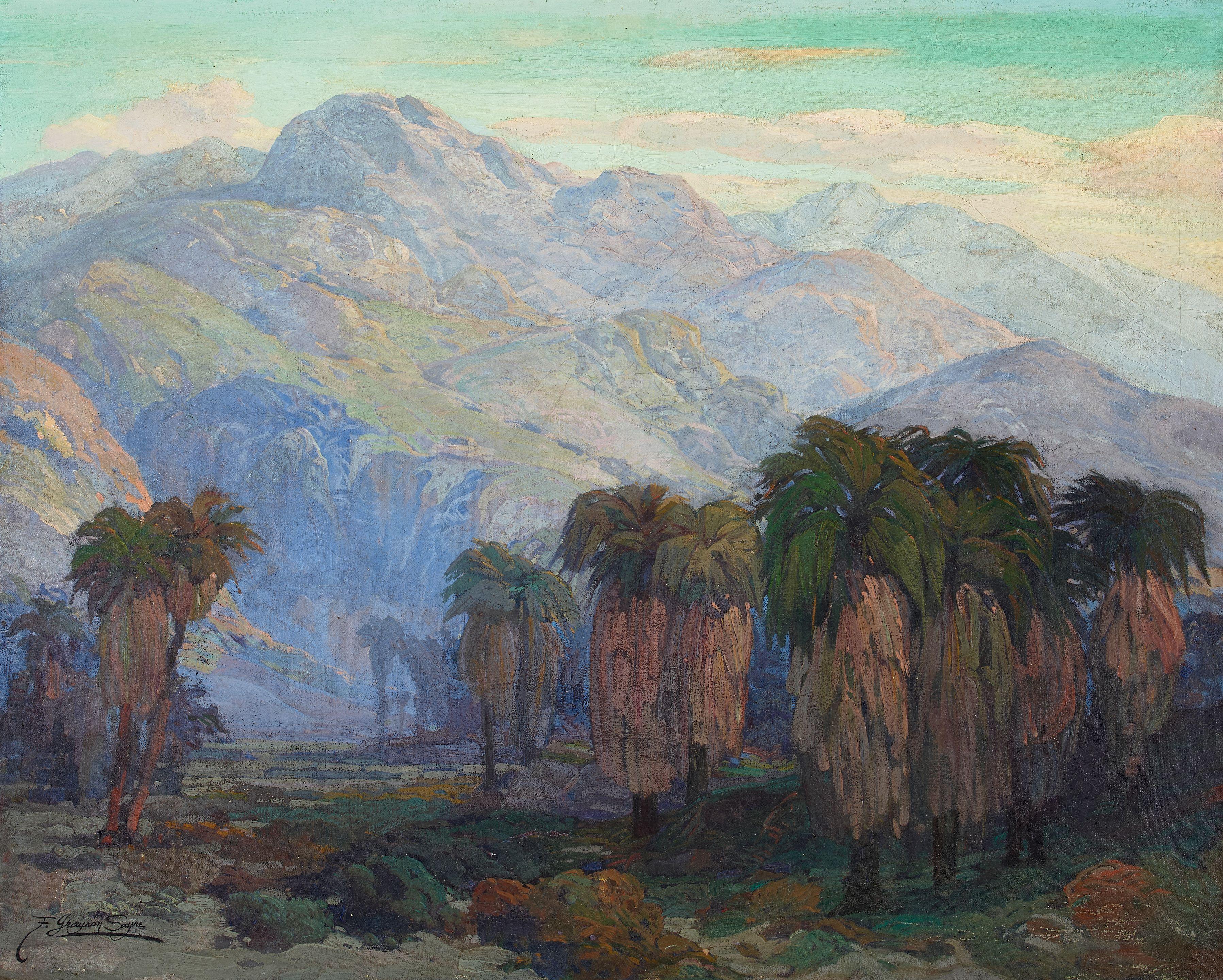 Fred Grayson Sayre - Palms in the Early Morning Shadow of the Mountains 33 x 41 in. framed 42 x 49 1/2 in.