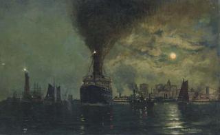 Fred Pansing - A North German Lloyd ship passing the Statue of Liberty in New York harbor at moonlight