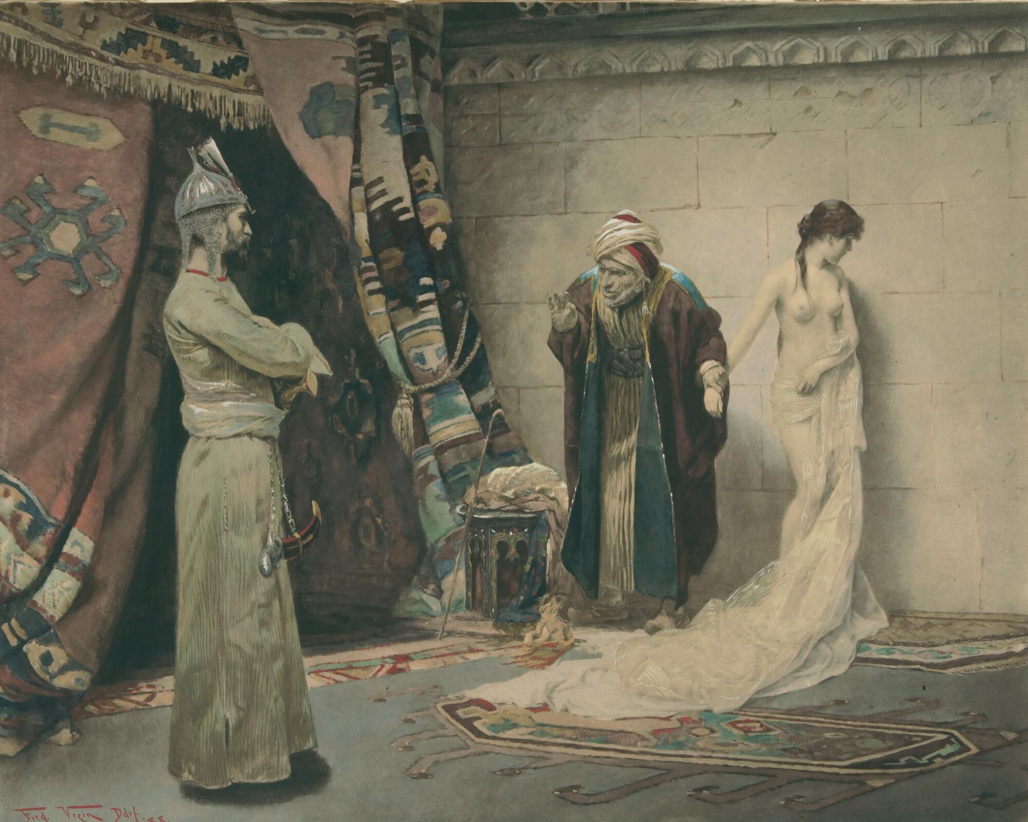 Fred Vezin - Ein Kuppler preist einem Tscherkessenhäuptling eine Sklavin an.