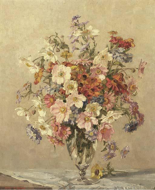Freda Marston - Summer Flowers In A Glass Vase On A Table