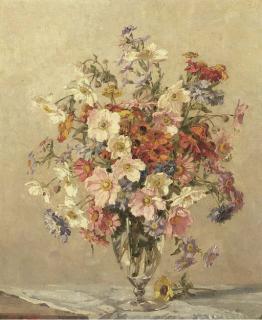 Freda Marston - Summer Flowers In A Glass Vase On A Table