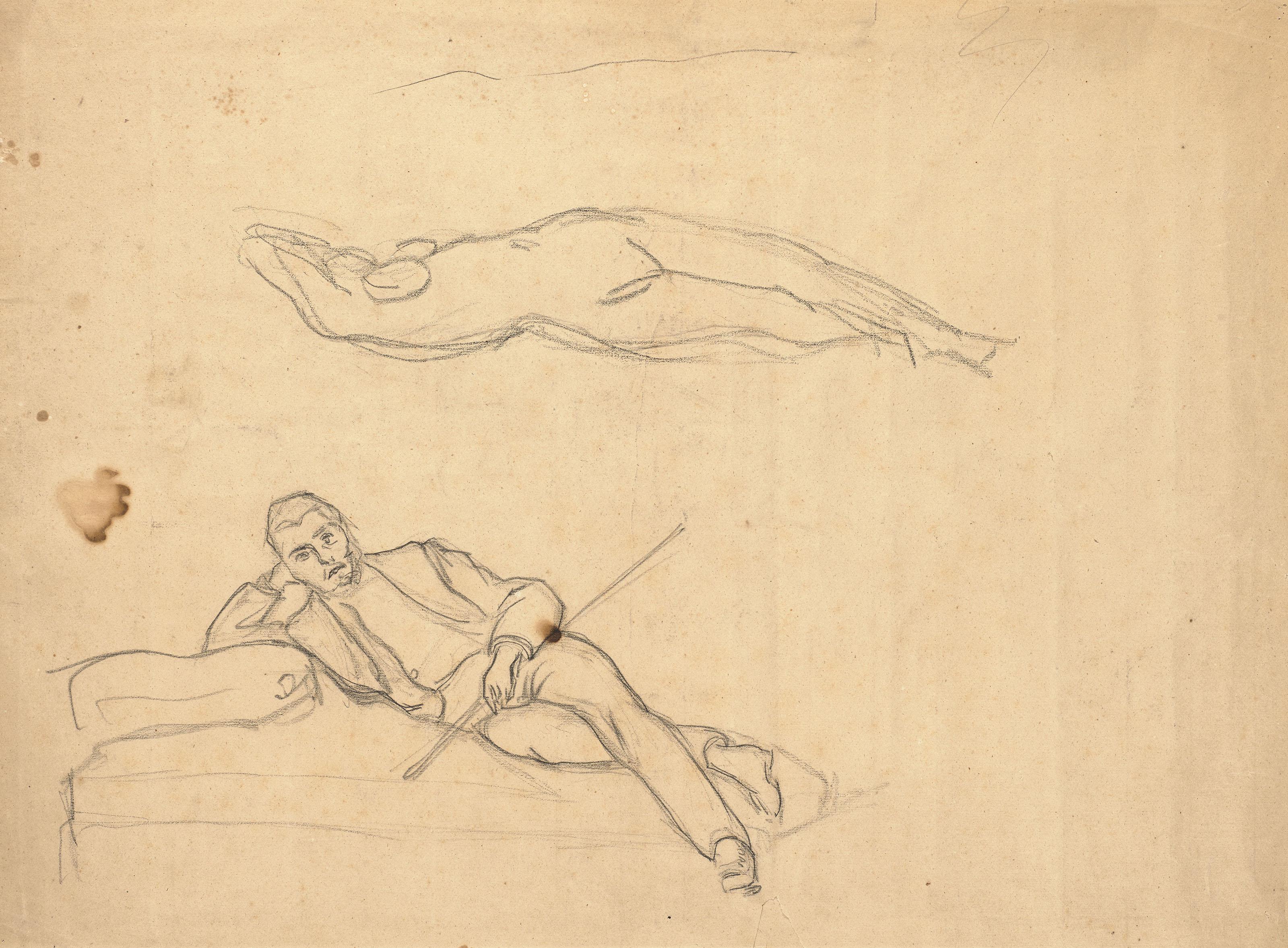 Frédéric Bazille - Homme à demi-couché sur un sopha (recto) ; Étude de nu debout (verso)