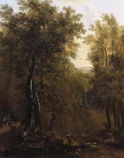 Frederic De Moucheron - A stag hunt in a wood by a country mansion