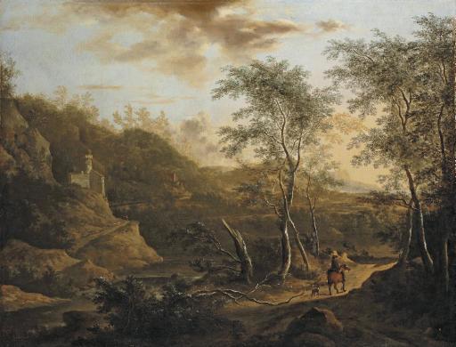 Frédéric De Moucheron - A Wooded River Landscape With A Traveller On A Track