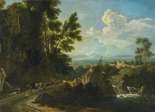 Frederic de Moucheron - Südliche Landschaft mit Wasserfall und Hirten.