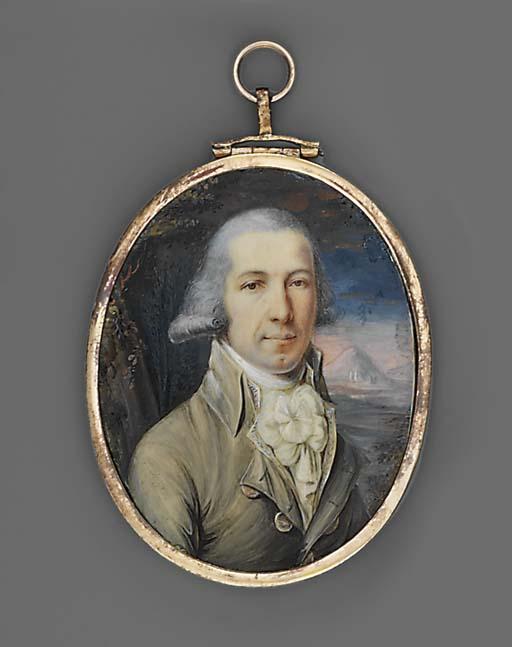 Frédéric Fregevise - A Young Gentleman In A Mountainous Landscape, In Mole-Coloured Coat, Embroidered Cream Waistcoat And Frilled Cream Cravat, Powdered Wig; Tree And Landscape Background