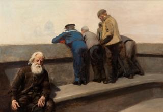 Frederic Marlett Bell-Smith PRCA, OSA - Old Man and Youths on a Bridge in London