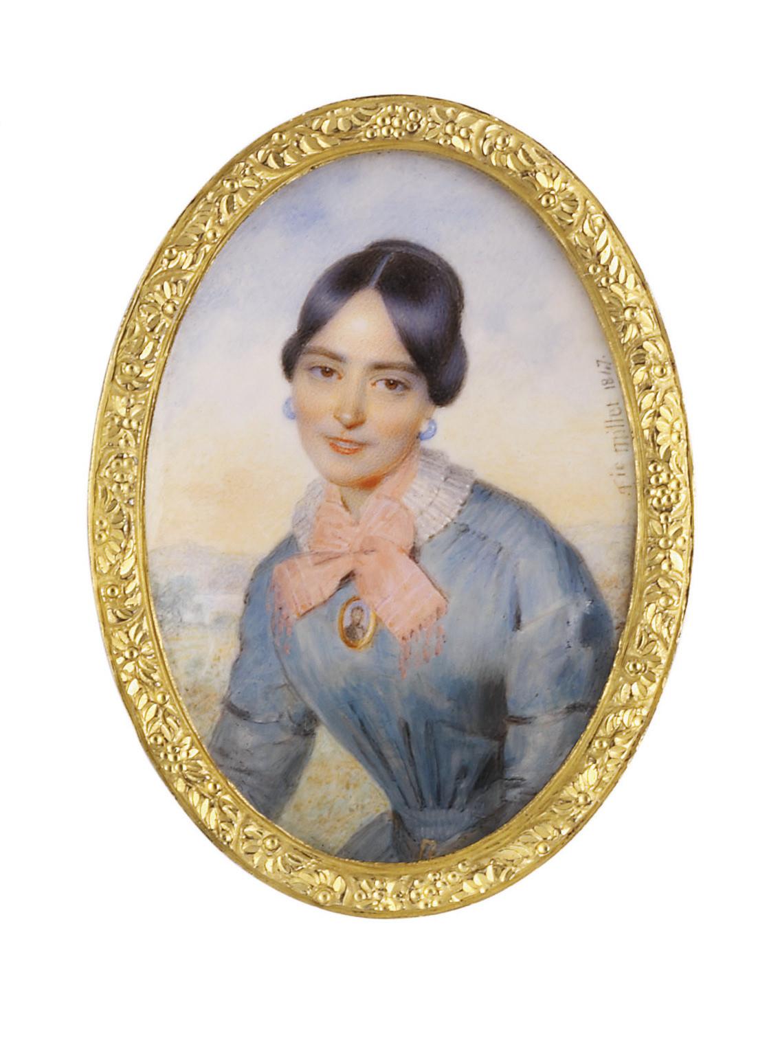 Frédéric Millet - A young lady, in light blue coat, with white lace collar and pink ribbon bow, wearing a portrait miniature of a gentleman, blue hoop earrings, upswept brown hair; sky and landscape background