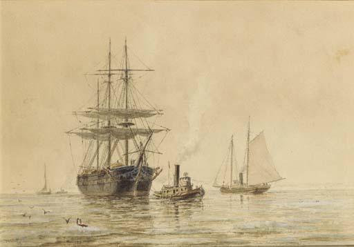 Frederic Schiller Cozzens - A three masted clipper entering a harbor with a steam sailer in the distance