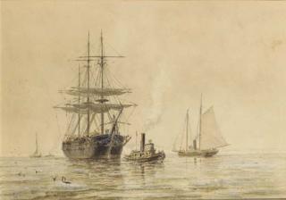 Frederic Schiller Cozzens - A three masted clipper entering a harbor with a steam sailer in the distance