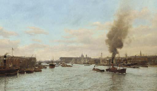 Frederick A. Winkfield - Below London Bridge, looking upstream, Old Billingsgate fish market on the right