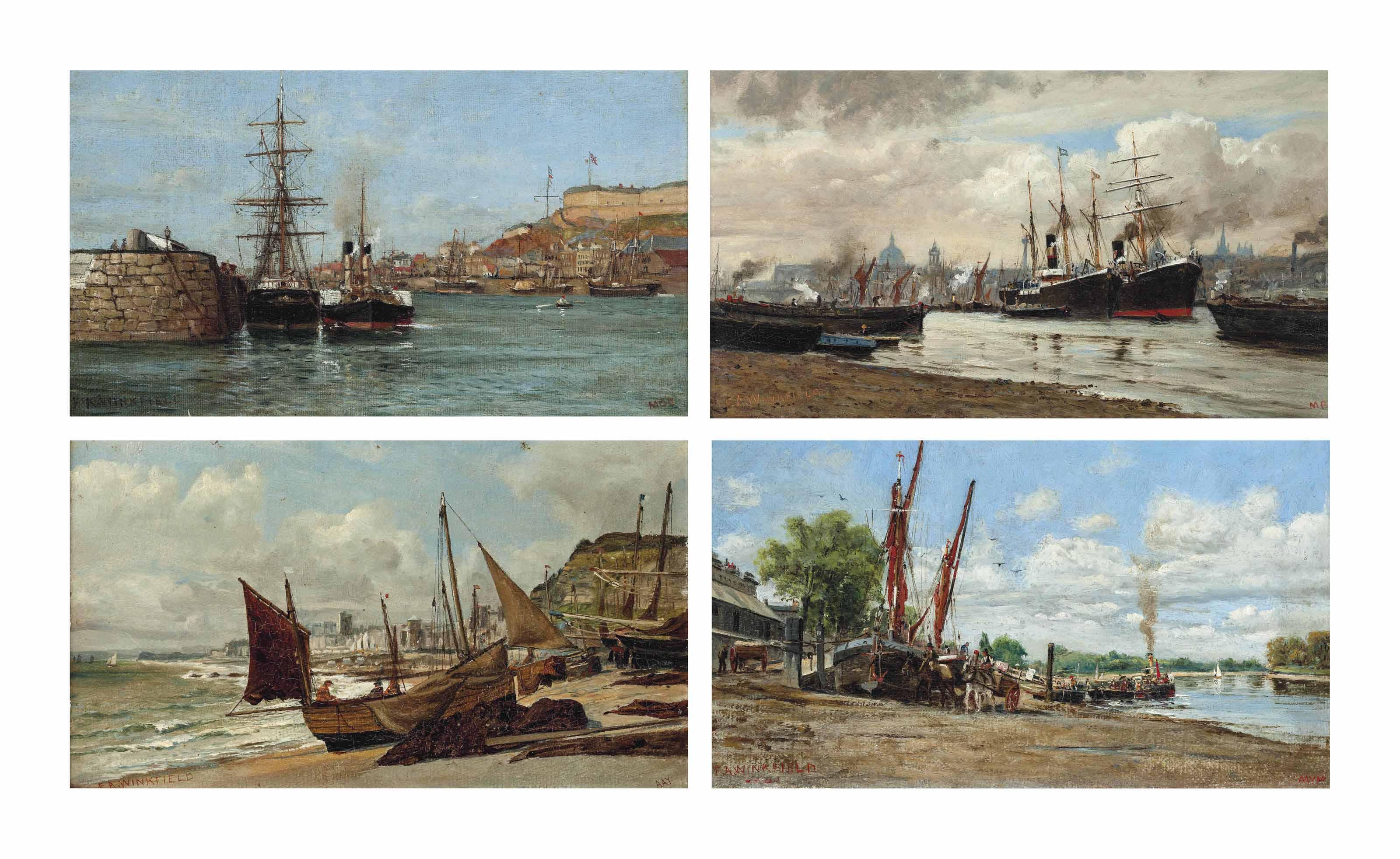 Frederick A. Winkfield - St Helier, Jersey; The Thames, with St Paul\'s beyond; The shore at Hastings; and Along the riverbank