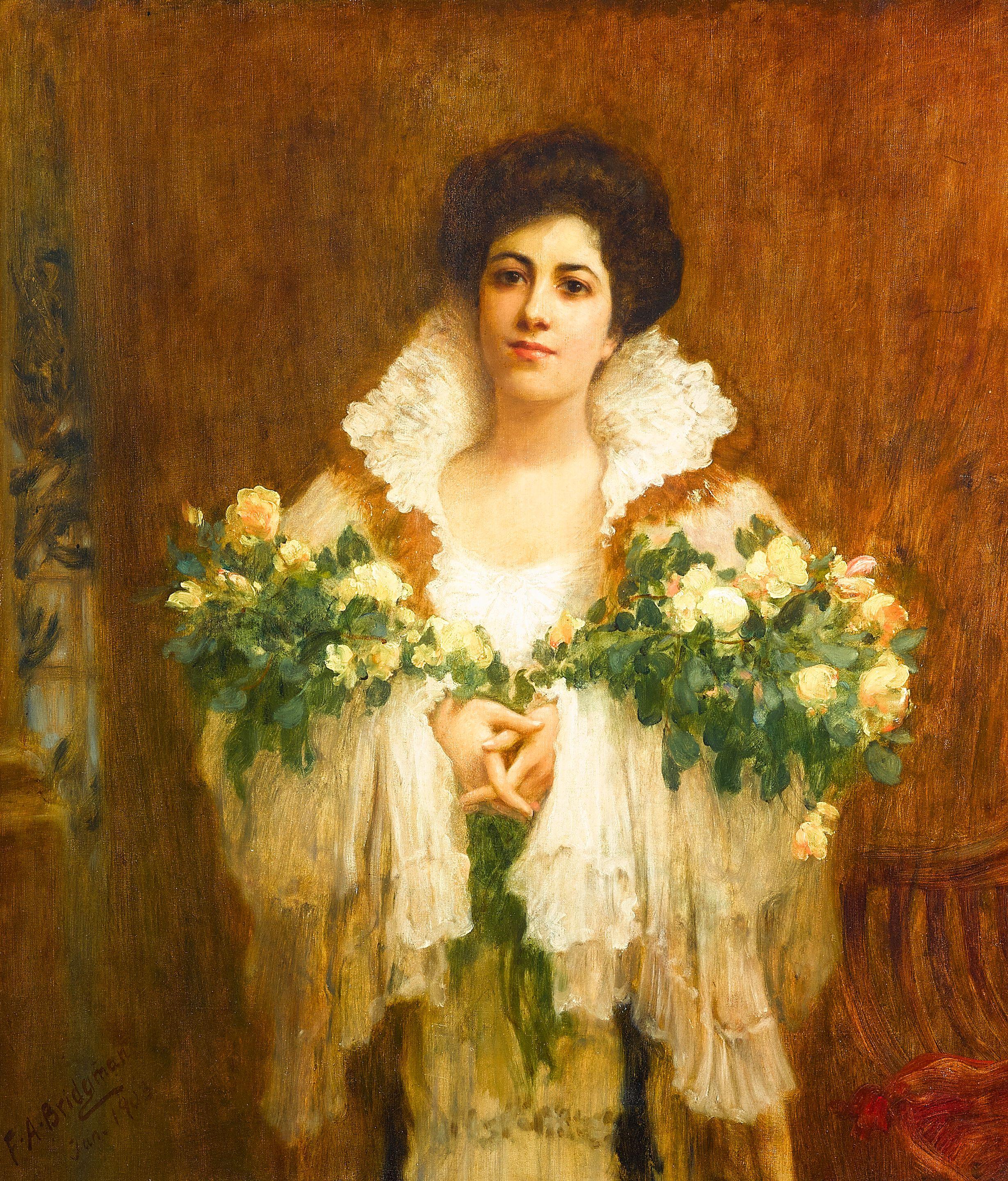 Frederick Arthur Bridgman - A lady holding bouquets of yellow roses