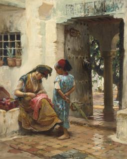 Frederick Arthur Bridgman - American The Sewing Lesson