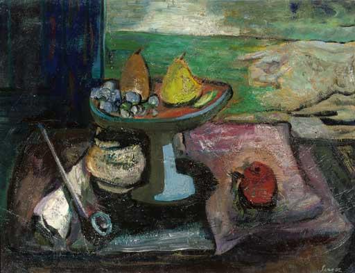 Frederick B. Serger - A still life with fruits in a bowl and a pipe