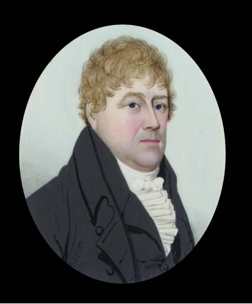 Frederick Buck - A gentleman in black coat and waistcoat, frilled shirt, fair curly hair