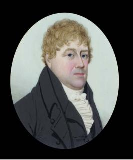 Frederick Buck - A gentleman in black coat and waistcoat, frilled shirt, fair curly hair
