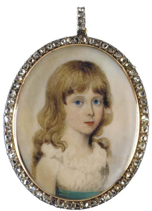 Frederick Buck - A young girl, in a white dress with a frilled collar and a blue sash, long fair hair and blue eyes