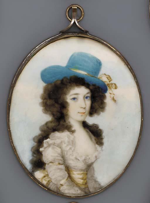 Frederick Buck - A young lady, facing right in ruffle bordered white silk dress, yellow sash, blue hat with yellow ribbon in her long curling brown hair