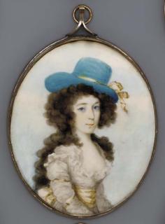 Frederick Buck - A young lady, facing right in ruffle bordered white silk dress, yellow sash, blue hat with yellow ribbon in her long curling brown hair