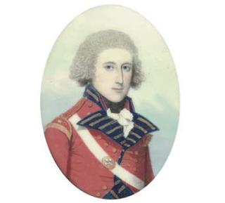 Frederick Buck - An officer probably of the 23rd Foot Royal Welsh Fusiliers, in scarlet coat with blue facings and gold lace, his shoulder belt plate bearing the Prince of Wales\' feathers