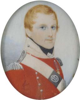 Frederick Buck - Col. William Vincent, in scarlet coat with silver epaulettes and wearing a shoulder-belt plate bearing the insignia of the 82nd Regiment of Foot, wearing the Army Gold Medal