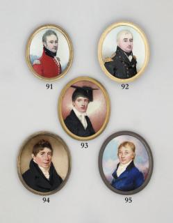 Frederick Buck - Colonel Knight, in red uniform with blue collar, silver buttons, silver epaulettes, black stock and white cravat; sky background