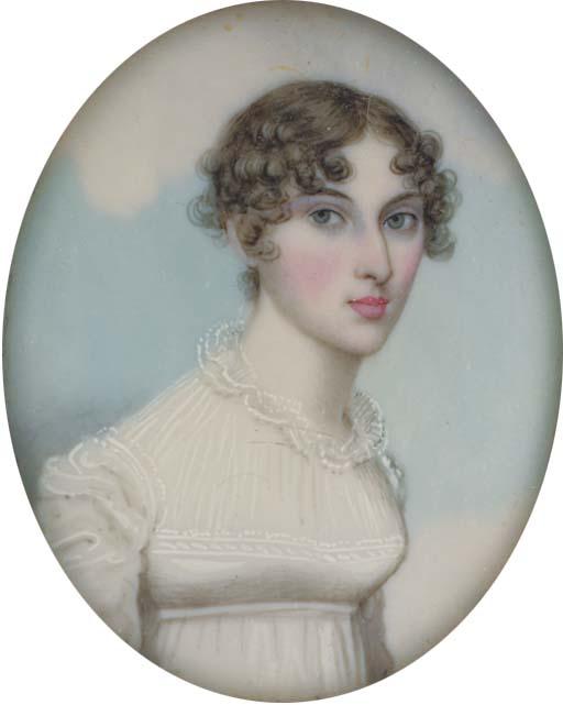 Frederick Buck - Mr. and Mrs. George Vincent: he facing right in black coat and waistcoat; sky background; she, in high-necked white dress, her dark hair dressed in curls; sky background