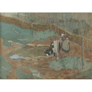 Frederick C. Frieseke - Woman And Cow In A Landscape