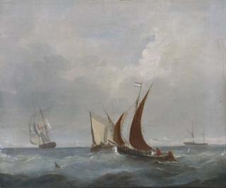 Frederick Calvert - A frigate leaving port; and Barges and other shipping in the Channel off Dover