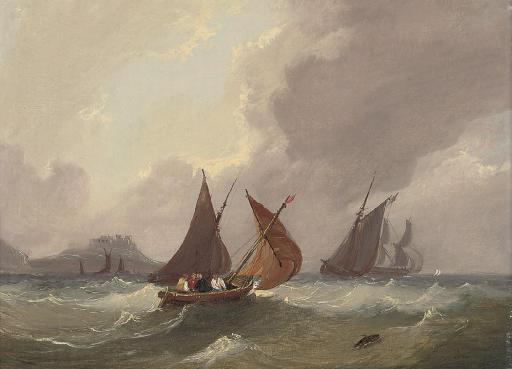 Frederick Calvert - Fishing boats and other shipping in coastal waters below a fortified promontory (illustrated); and Shipping in a squall in the Channel