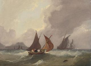 Frederick Calvert - Fishing boats and other shipping in coastal waters below a fortified promontory (illustrated); and Shipping in a squall in the Channel