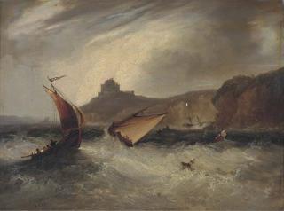 Frederick Calvert - Fishing Boats In A Heavy Swell Off A Fortified Headland