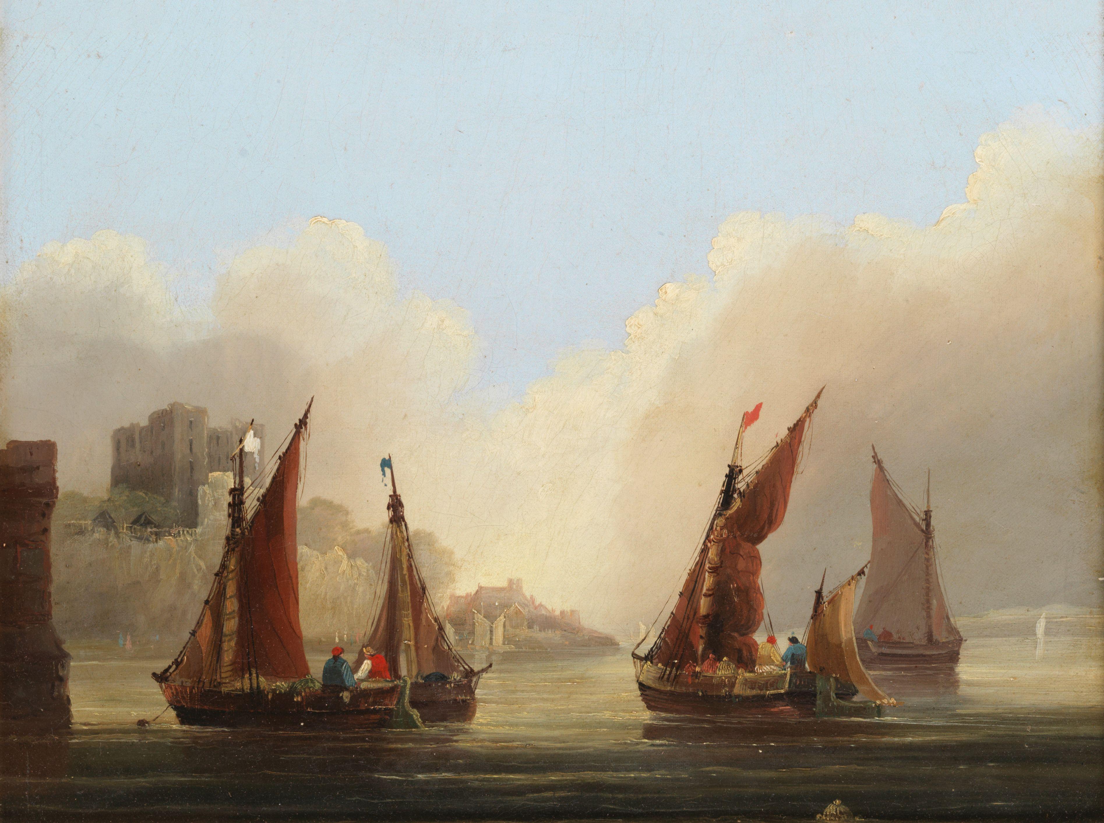 Frederick Calvert - Fishing boats on the river Medway by Rochester Castle; Fishing vessels in choppy coastal waters, a pair each 30.5 x 40.6cm (12 x 16in). (2)