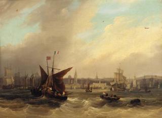 Frederick Calvert - Fishing luggers and merchant vessels off a coastal town