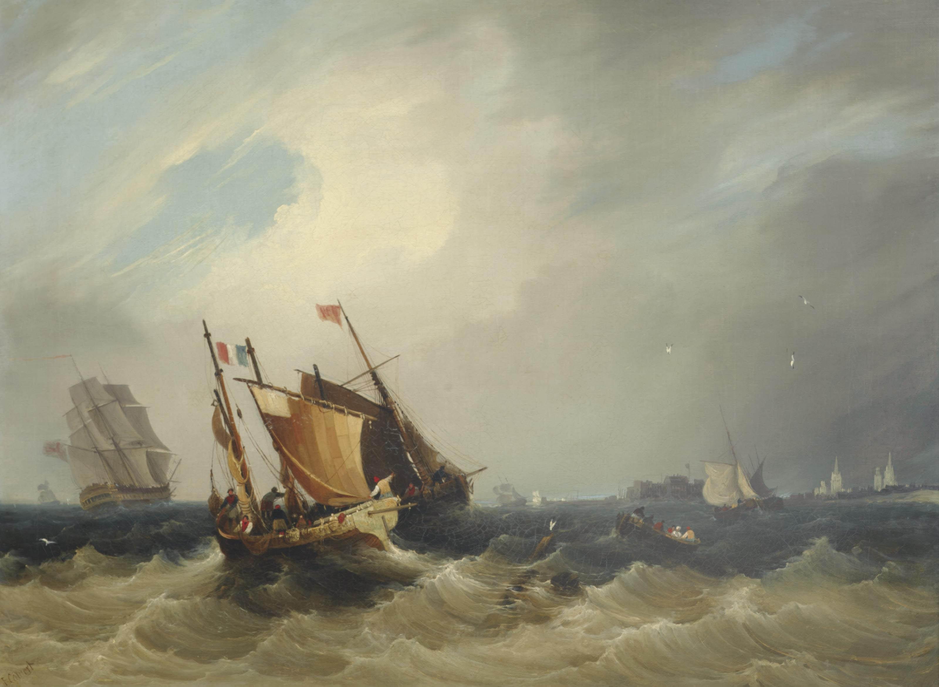 Frederick Calvert - Fishing Trawlers And A Royal Navy Frigate In French Waters Off Calais