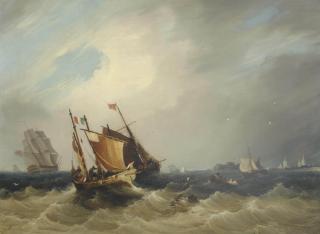 Frederick Calvert - Fishing Trawlers And A Royal Navy Frigate In French Waters Off Calais