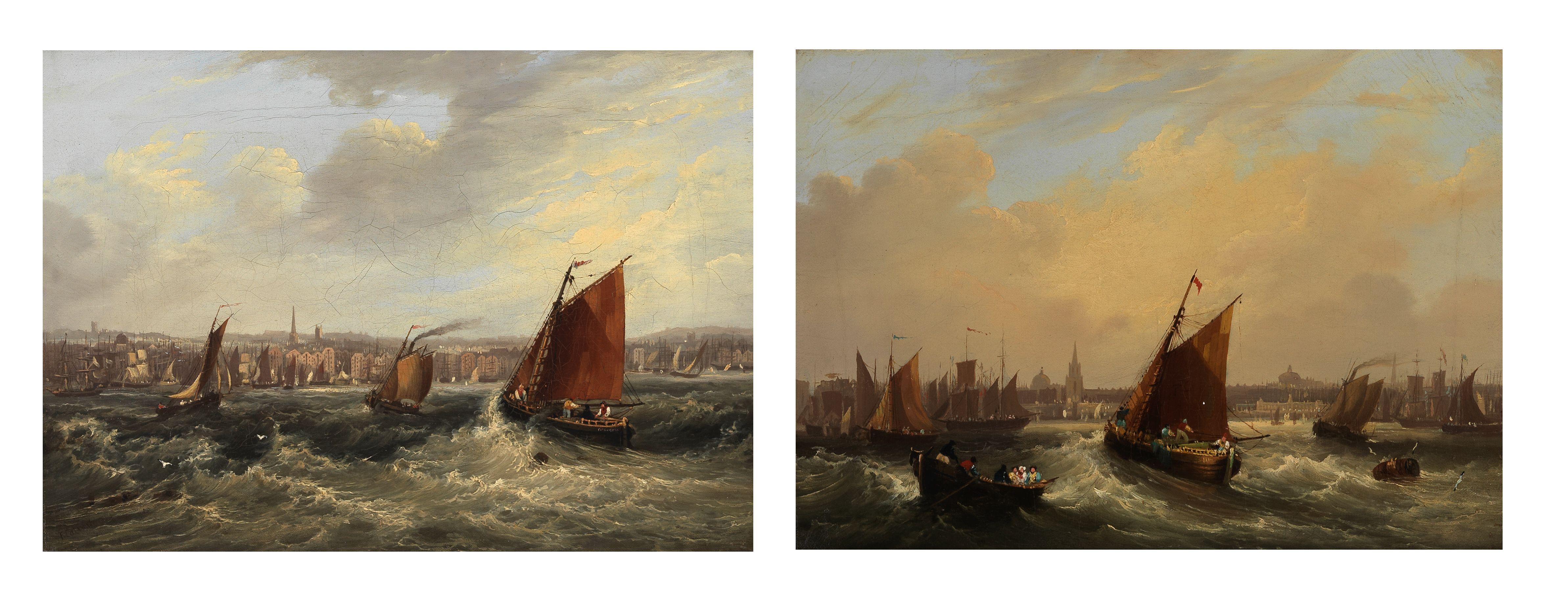 Frederick Calvert - Shipping off a busy waterfront, a pair