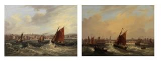 Frederick Calvert - Shipping off a busy waterfront, a pair