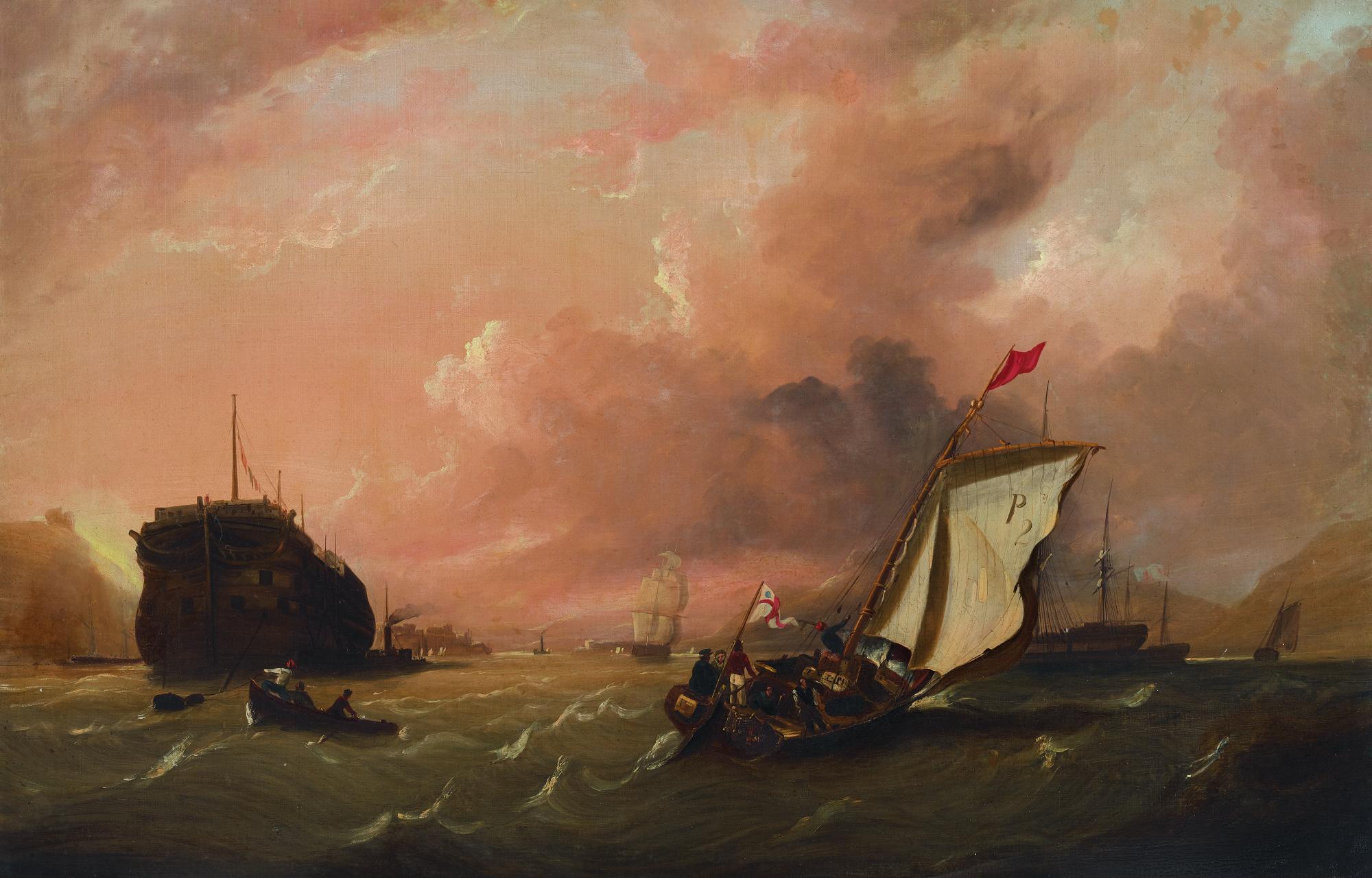 Frederick Calvert - Warships At Anchor In A Bay, And Other Shipping In A Light Breeze