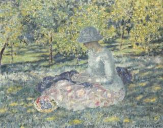 Frederick Carl Frieseke - Woman Seated In A Park With Basket