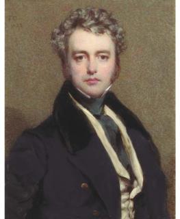 Frederick Cruickshank - John Gibson Reeves, in black coat with velvet collar and gold buttons, buff coloured waistcoat and black stock, curling brown hair and sideburns
