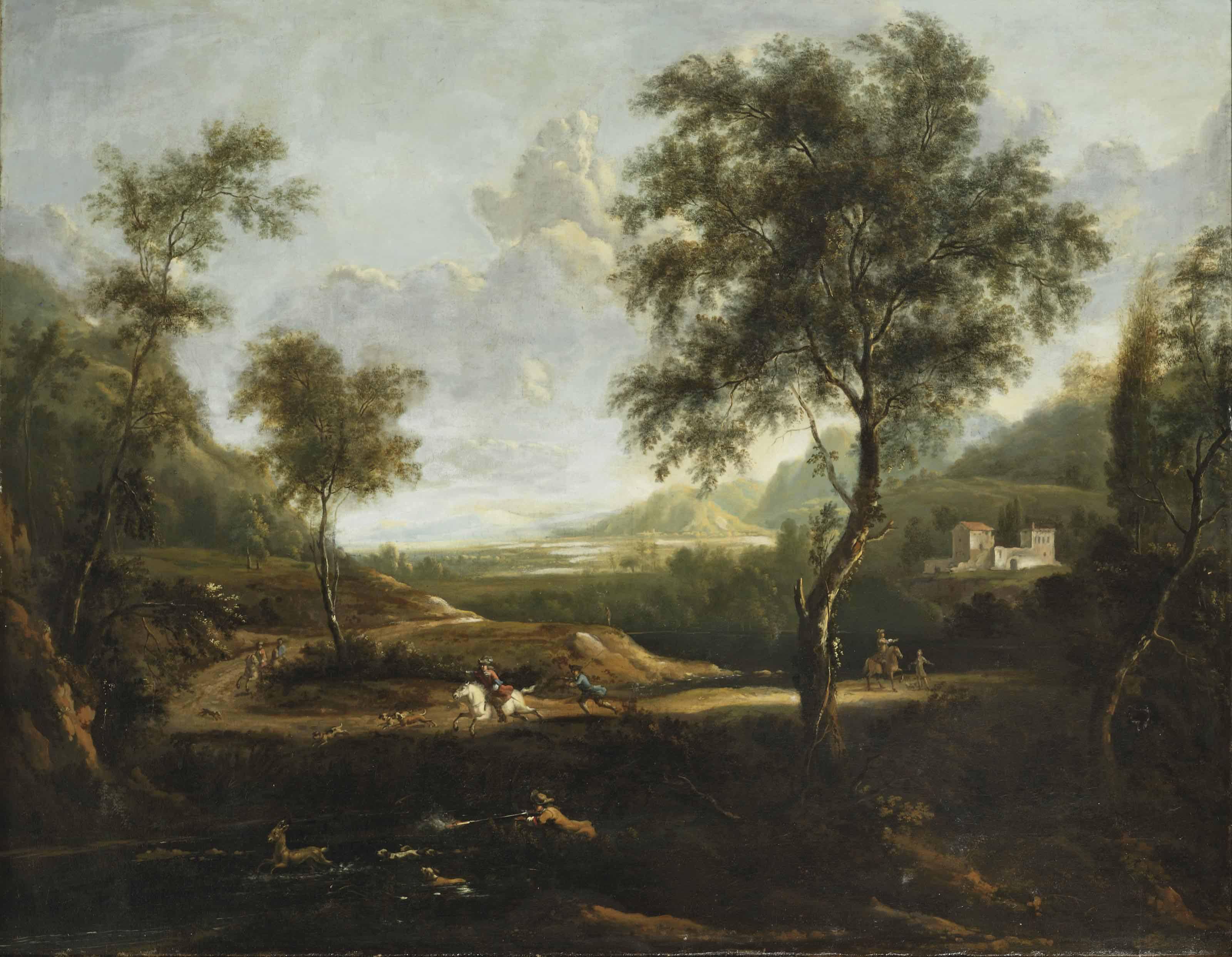 Frederick de Moucheron - A wooded landscape with a deer hunt